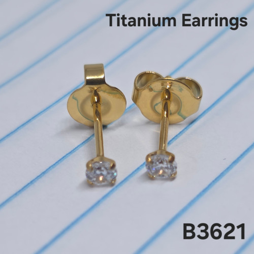 Titanium Gold 3mm CZ Stud Silver Earrings B3621