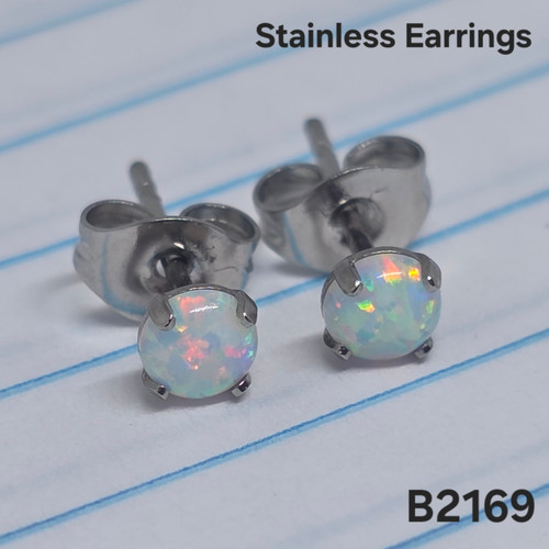 Stainless Silver White Opal Stud Silver Earrings B2169