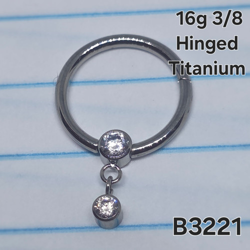 16g Titanium CZ Dangle 3/8 Hinged Hoop Captive Ring B3221
