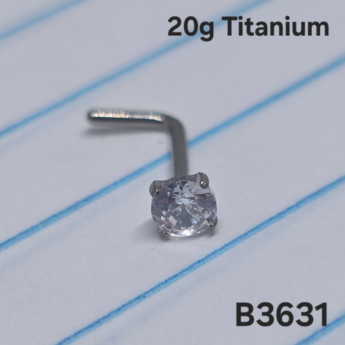 20g Titanium Silver 3mm CZ 1/4 L-Bend Nose Ring Stud B3631