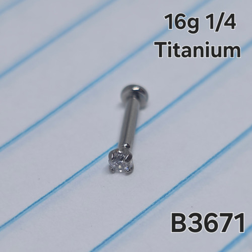 16g Titanium 2mm Round CZ Threadless 1/4 Labret Ring B3671