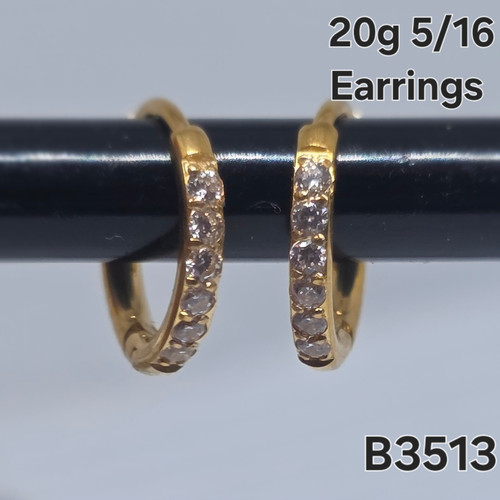 Stainless Gold CZ 5/16 Hinged Hoop Earrings B3513