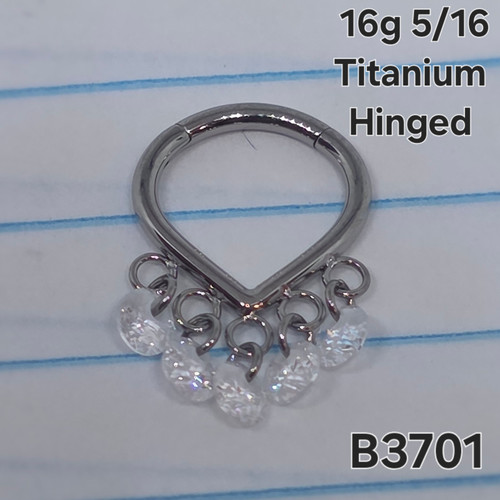 16g Titanium Silver Chevron CZ Dangle 5/16 Hinged Hoop Ring B3701