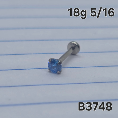 18g Silver Stainless 3mm Aqua CZ 5/16 Labret Stud B3748