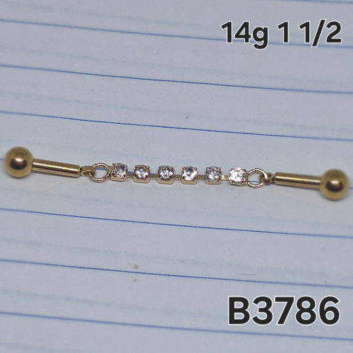 14g Gold Rhinestone Chain 1.5 Industrial Barbell Earring B3786