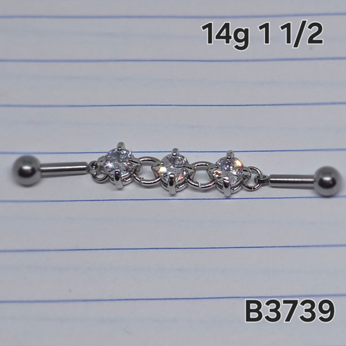 14g Silver 3 CZ Chain 1.5 Industrial Barbell Earring B3739