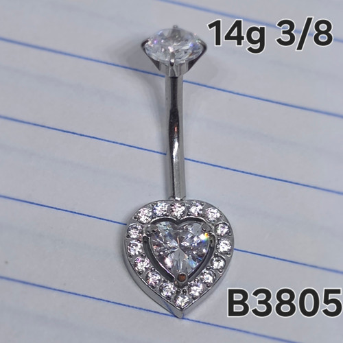 14g Stainless Silver Heart CZ Halo 3/8 Belly Ring B3805