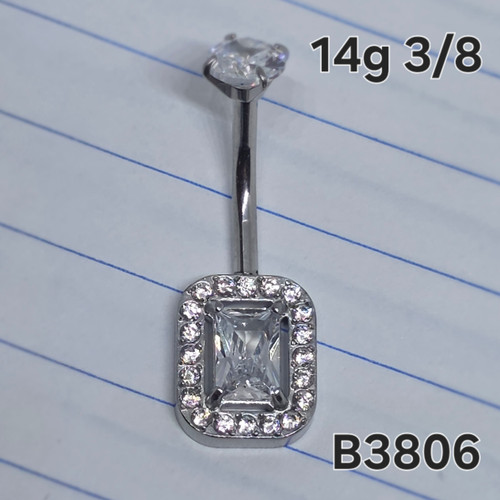 14g Silver Stainless Rectangle Halo CZ 3/8 Belly Ring B3806