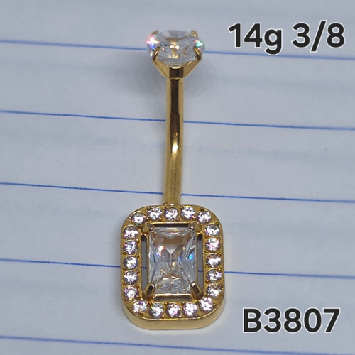 14g Gold Stainless Rectangle Halo CZ 3/8 Belly Ring B3807