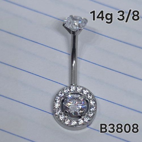 14g Silver Stainless Round Halo CZ 3/8 Belly Ring B3808