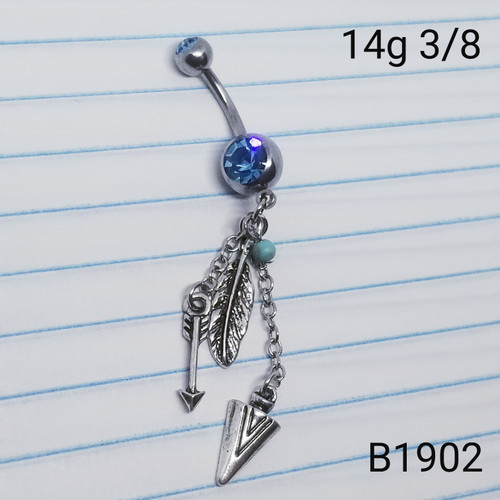 14g Silver Tribal Long Dangle 3/8 Belly Ring B1902