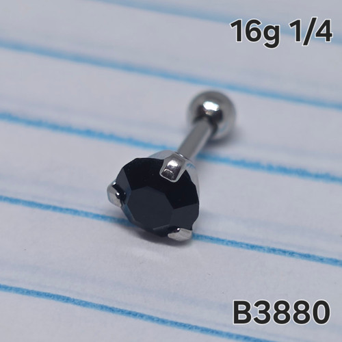 16g Silver Stainless 5mm Black CZ 1/4 Cartilage Barbell Ring B3880