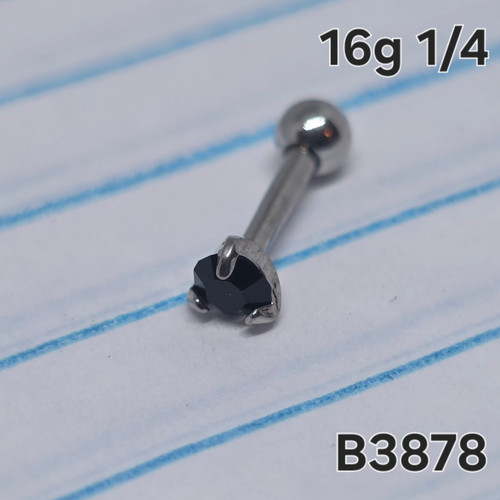 16g Silver Stainless 3mm Black CZ 1/4 Cartilage Barbell Ring B3878