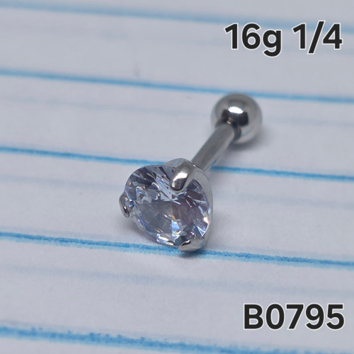 16g Silver Stainless 5mm CZ 1/4 Cartilage Barbell Ring B0795