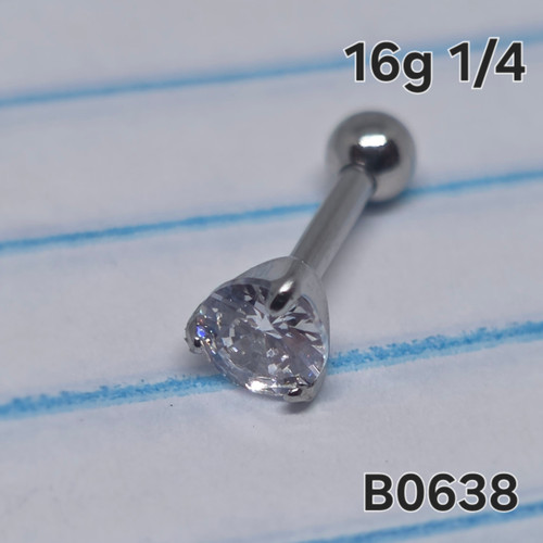 16g Silver Stainless 4mm CZ 1/4 Cartilage Barbell Ring B0638