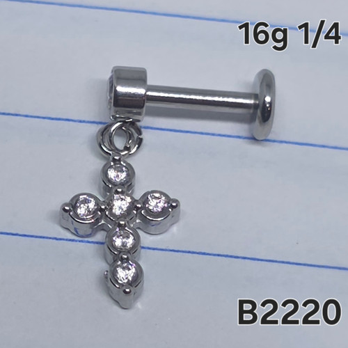 16g Stainless Silver Cross CZ Dangle 1/4 Labret Ring B2220