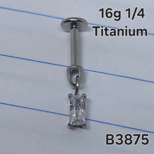 16g Titanium Silver Rectangle CZ Dangle 1/4 Labret Ring B3875