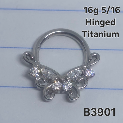 16g Titanium Silver CZ Butterfly 5/16 Hinged Hoop Ring B3901