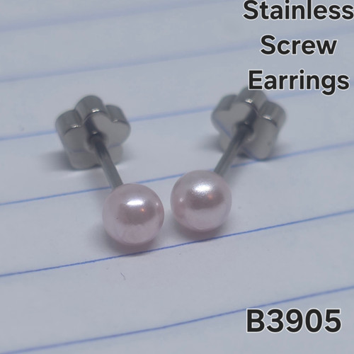Stainless Pink Pearl Flat Screw Back Earrings B3905