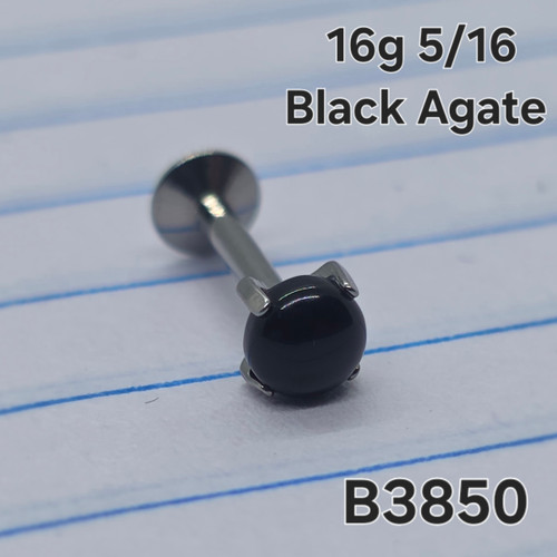 16g Silver Stainless 4mm Black Agate 5/16 Labret Ring B3850