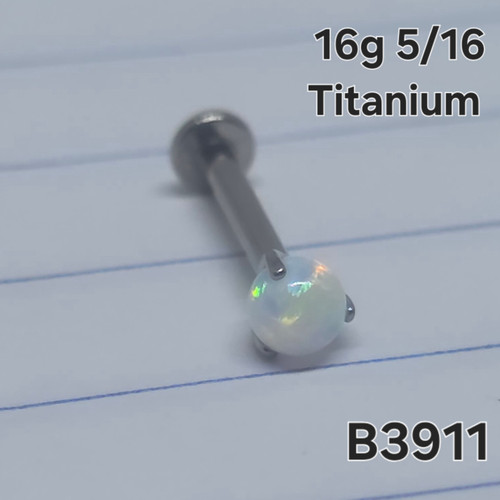 16g Titanium Silver 3mm White Opal Claw 5/16 Labret Ring B3911