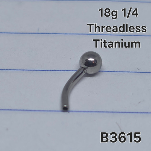 18g Titanium 1/4 Threadless Base Ball Back Curved Barbell B3615