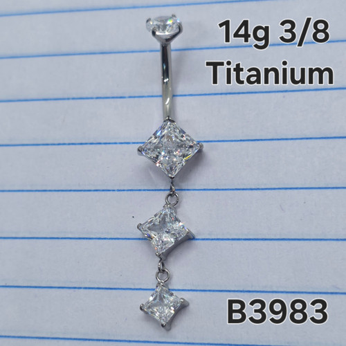 14g Titanium Silver Square CZ Dangle 3/8 Belly Ring B3983
