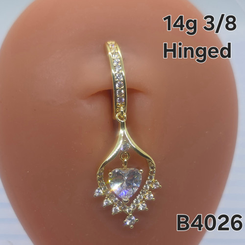 14g Gold CZ Chandelier Dangle Comfy Hinged 7/16 Belly Ring B4026