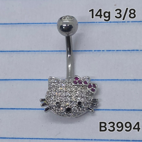 14g Silver CZ Hello Kitty 3/8 Belly Ring B3994