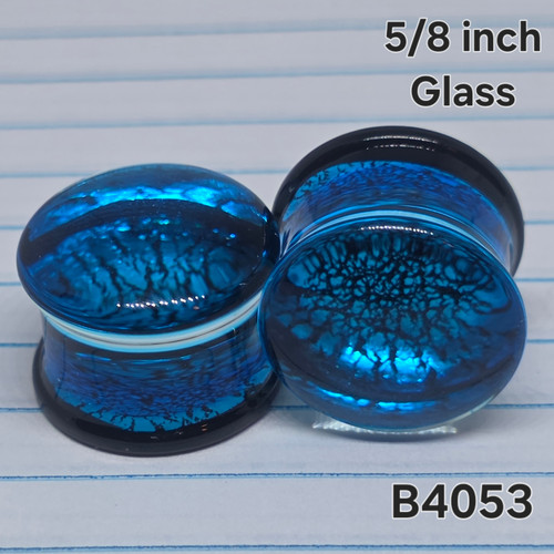 5/8 inch Blue Crackle Pyrex Glass Organic Plugs Gauges B4053