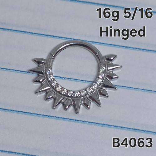 16g Silver Stainless CZ Spike 5/16 Hinged Hoop Ring B4063