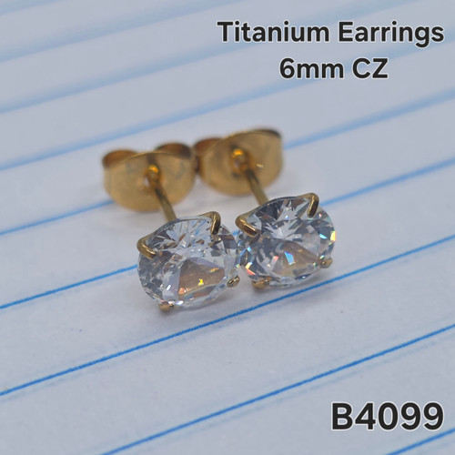 Gold Titanium 6mm Round CZ Stud Silver Earrings B4099