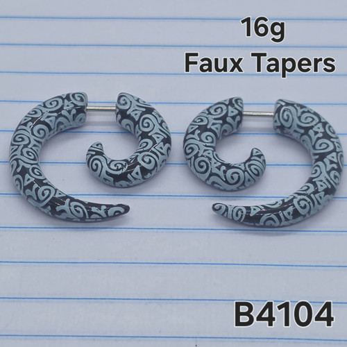 16g Black Acrylic Tribal Spiral Faux Taper Plugs Earrings B4104