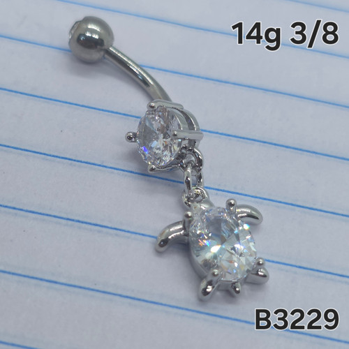 14g Silver CZ Sea Turtle Dangle Belly Ring B3229