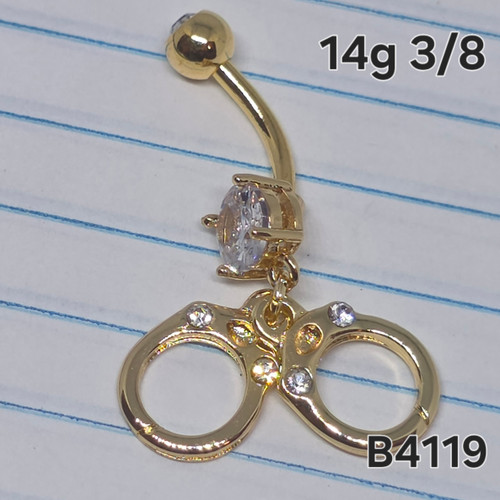 14g Gold CZ Hand Cuffs Dangle Belly Ring B4119