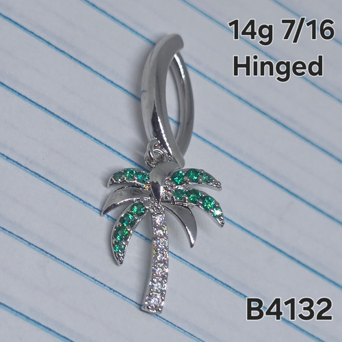 14g Silver CZ Palm Tree Dangle Comfy Hinged 7/16 Belly Ring B4132