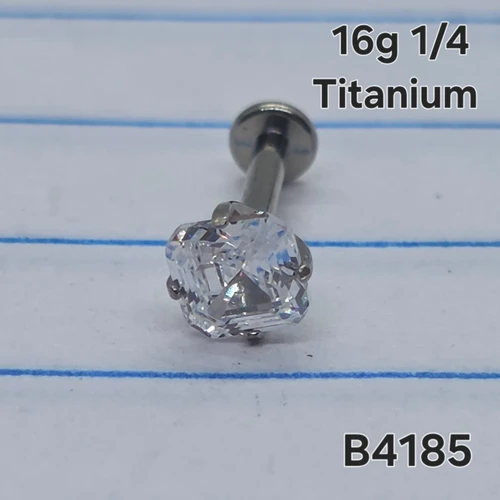 16g Titanium Silver 4mm Asscher Cut CZ  1/4 Labret Ring B4185