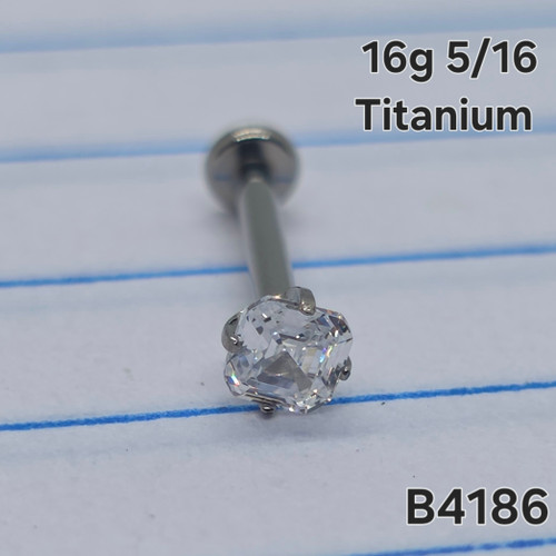 16g Silver Titanium 3mm Asscher CZ 5/16 Labret Ring B4186