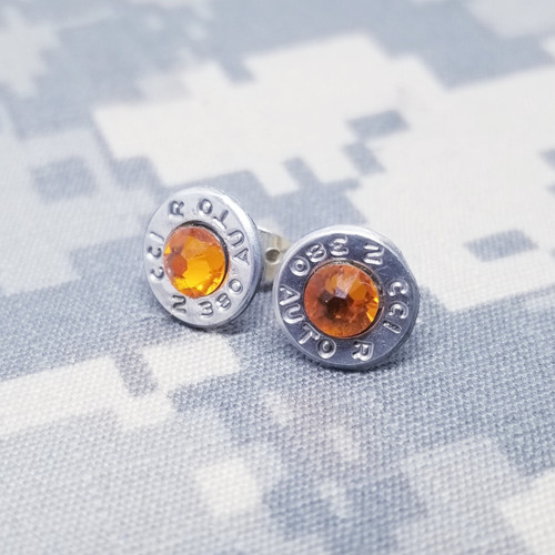 380 Caliber Silver Bullet Casing Orange Crystal Stud Earrings