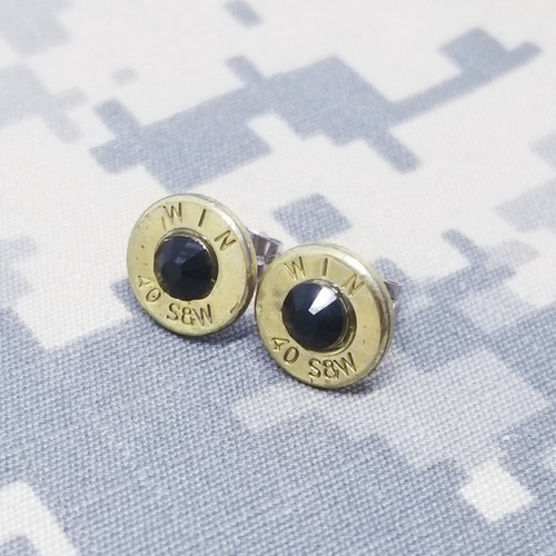 40 Brass Casing Bullet Black Crystal Stud Earrings