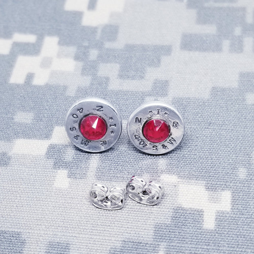 40 Caliber Silver Ruby Red Crystal Stud Earrings