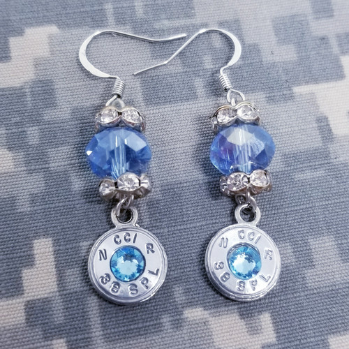 38 Spl Aquamarine Blue Crystal Bead Bullet Casing Dangle Earrings