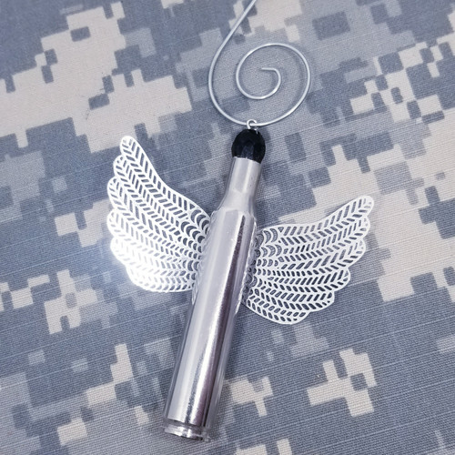 280 Caliber Silver Bullet Casing Black Crystal Angel Christmas Tree Ornament