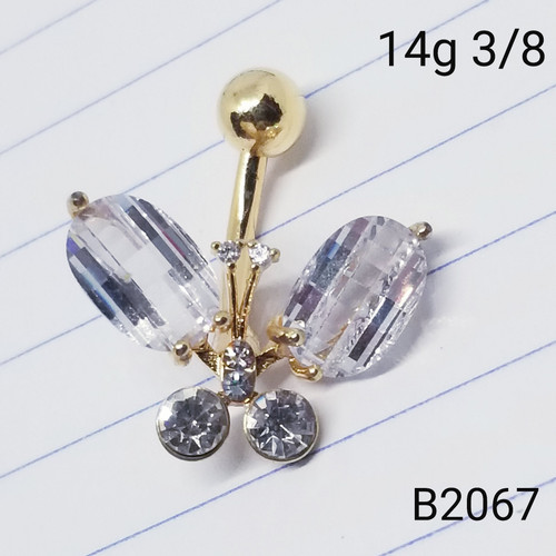 14g Gold Fauceted Crystal Butterfly Belly Ring