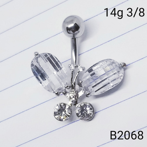 14g Silver Fauceted Crystal Butterfly Belly Ring