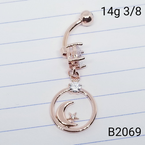 14g Rose Gold Crescent Moon CZ  Dangle Belly Ring 