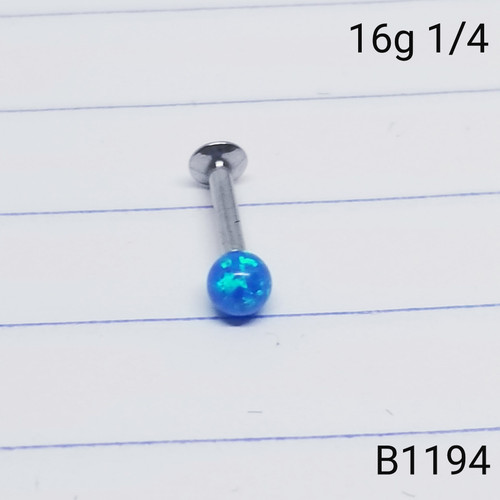 16g Short Silver Blue Opal Ball 1/4 Labret Ring