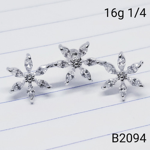 16g Silver 3 CZ Flower 1/4 Cartilage Crawler Barbell Ring