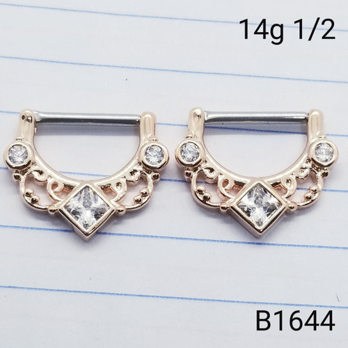 14g Rose Gold CZ Filigree 1/2 Nipple Clicker Shield Rings B1644