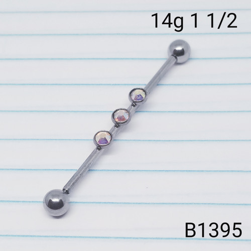 14g Stainless 3 AB CZs Center 1.5 Industrial Barbell Earring B1395